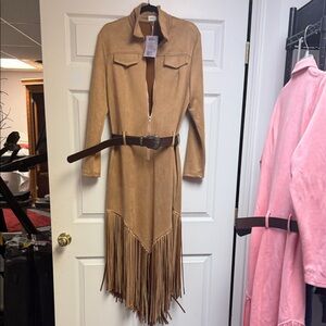 Faux suede fringed midi dress with faux brown belt.
